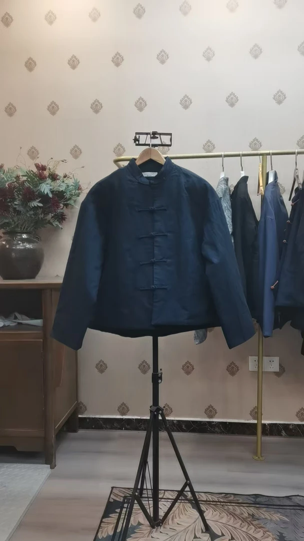 中式民族风秋冬中国风加厚复古亚麻蓝色立领对襟夹袄棉服