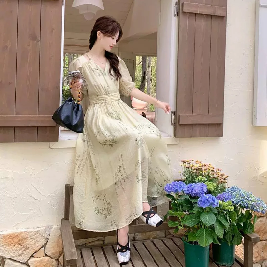 新中式微胖国风碎花泡泡袖连衣裙女夏季气质