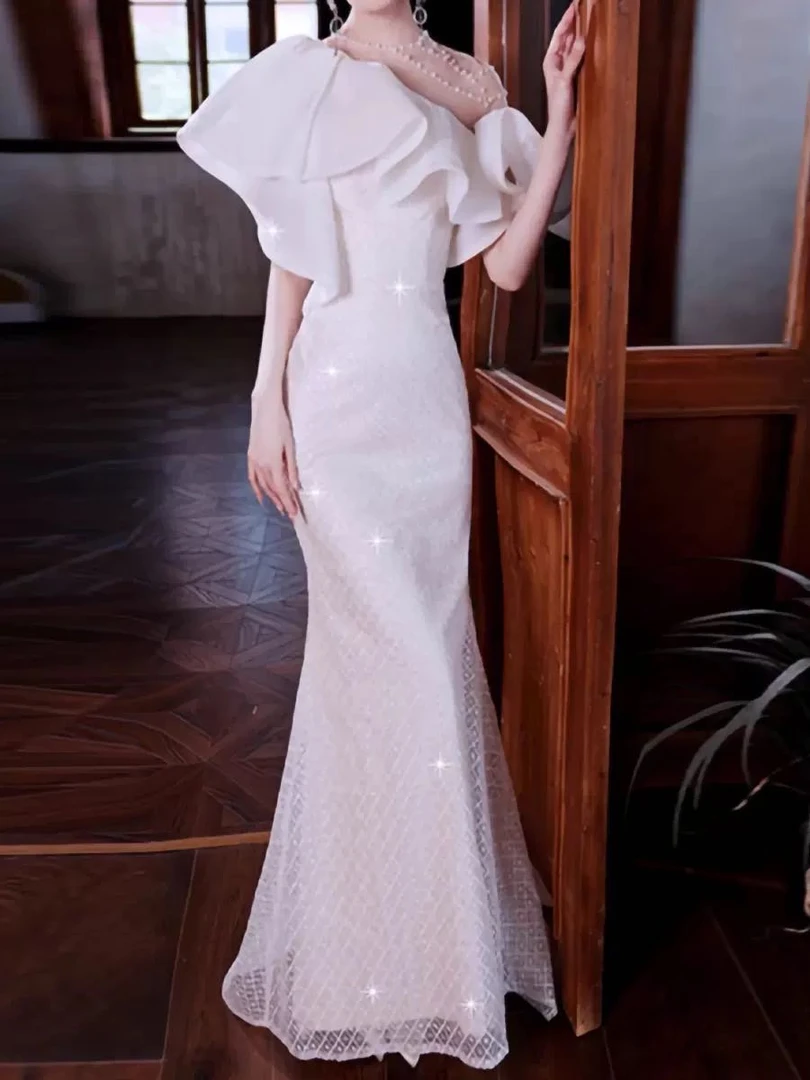 断码 拖尾裙短裙摆中腰详询长裙礼服气质连衣裙修身主持人显瘦