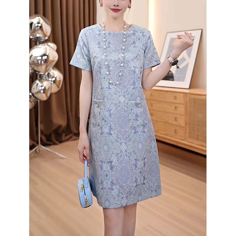 夏季新中式时尚气质A字遮肚显瘦圆领国风宋锦短袖女士连衣裙AN