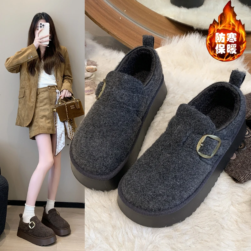 厚底增高灰色加绒勃肯鞋女2025秋冬新款毛呢鞋小个子保暖博肯棉鞋