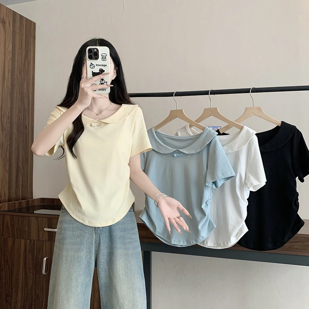【wy】2025年新款大码女装短袖娃娃领 时尚宽松T恤3233