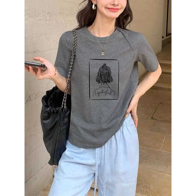 女潮短袖t恤2025新款圆领优质棉日常通勤休闲时尚深灰色上衣夏季