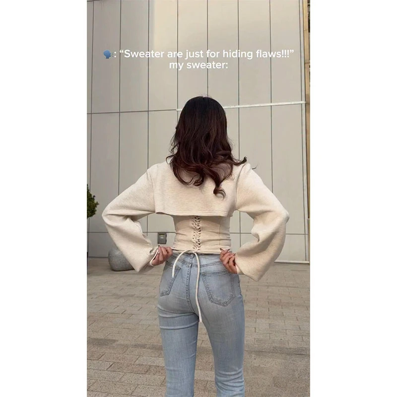 设计感假两件长袖针织衫女秋冬2026收腰内搭露肩上衣紧身牛仔裤