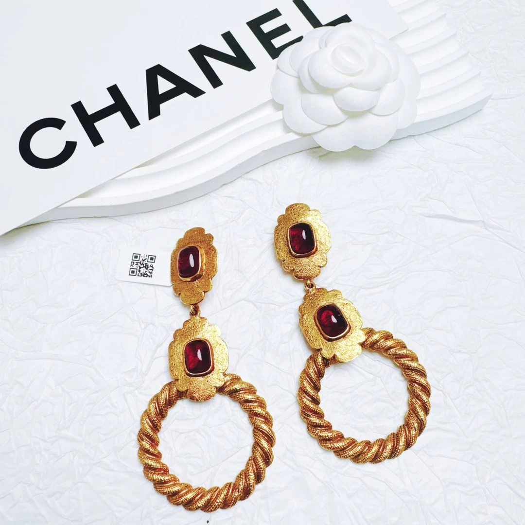 95新 Chanel/香奈儿 柚礼中古/香奈儿红琉璃素金圆环耳夹CG412058