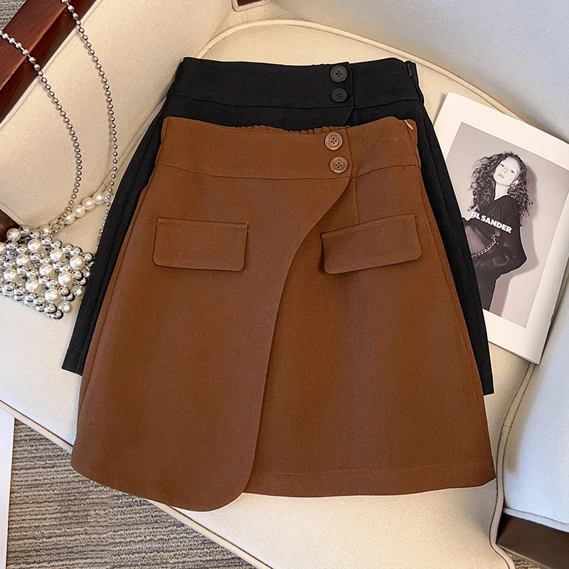 17065（007）新款胖mm百搭高腰显瘦小蛮腰贴袋半身裙A字裙短裙