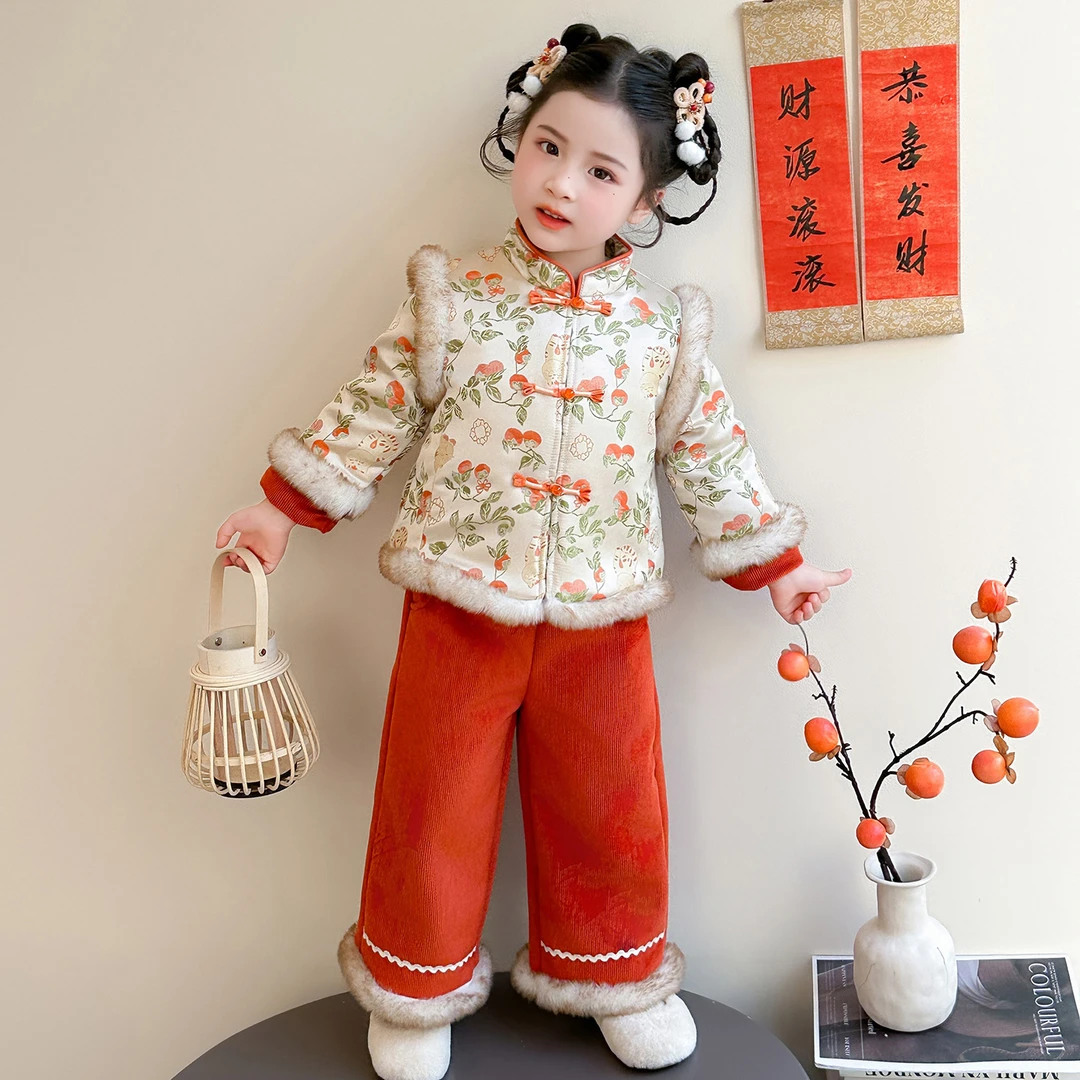 新中式女童加绒年服套装儿童时髦加厚拜年两件套小女孩宝宝秋冬装