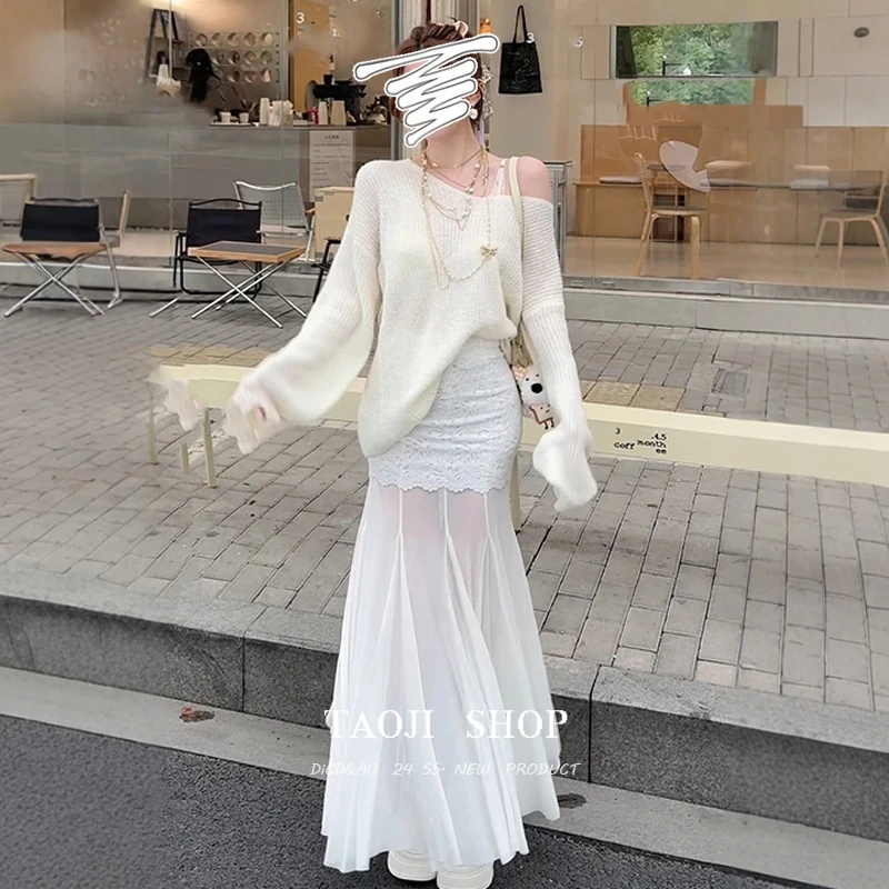 法式优雅设计感蕾丝拼接网纱半身裙女2025夏季新款纯欲高腰包臀裙