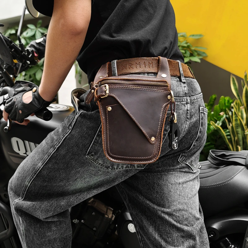 手工牛皮机车骑士包男士真皮个性腰包复古胸包多功能单肩斜跨包潮