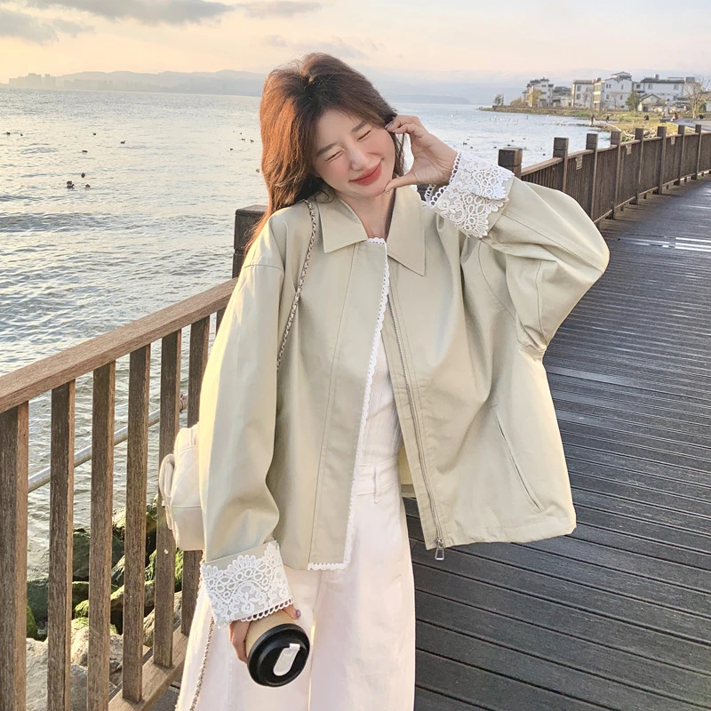独特超好看蕾丝拼接短外套女小个子2025春季新款休闲百搭夹克上衣