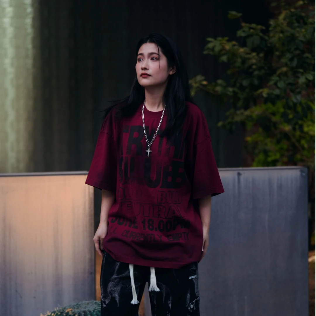 美式复古重工扎染红色短袖t恤男女同款夏季重磅宽松半袖ins