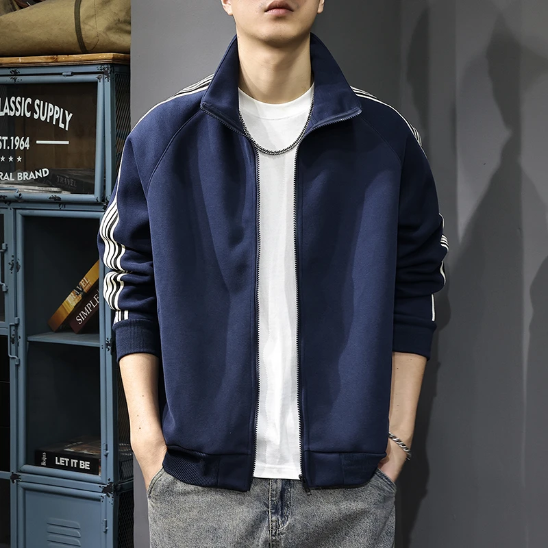 aoyu/遨宇春秋美式复古立领卫衣男2025新款拉链条纹运动休闲外套
