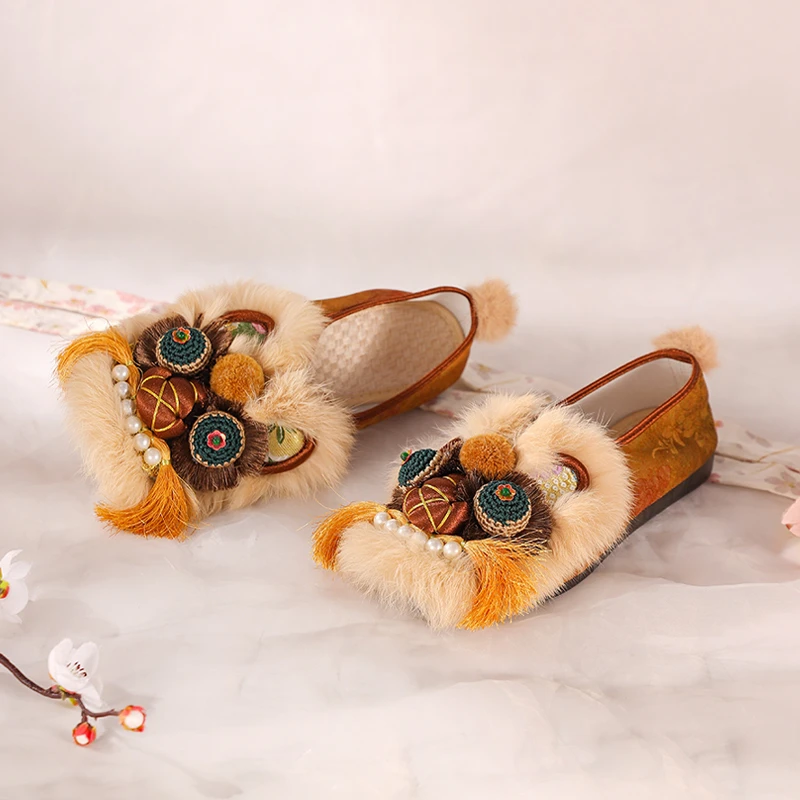 【真毛软底单鞋】国风穿搭平底虎头鞋刺绣一脚蹬防滑浅口单鞋女布鞋