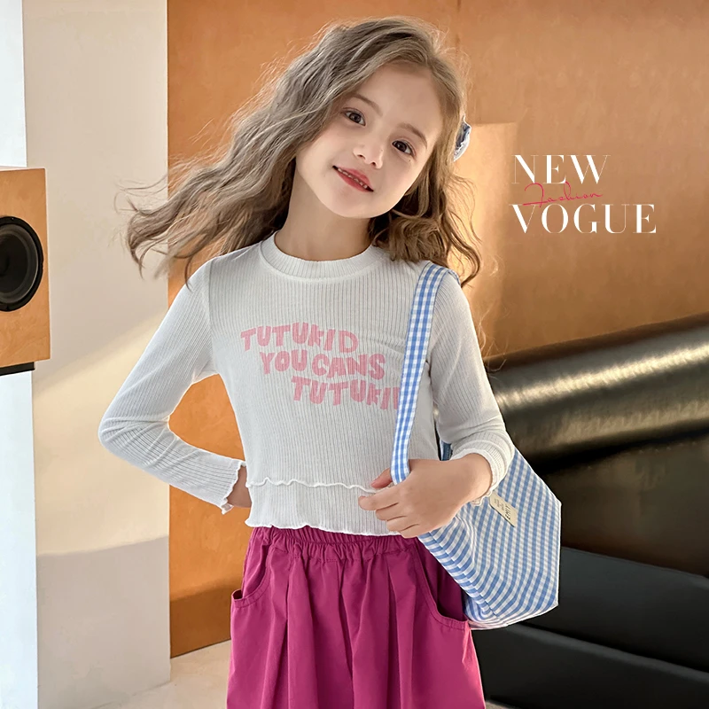 图图小象2025春装儿童长袖T新款软糯字母印花时尚长袖T恤BCT051