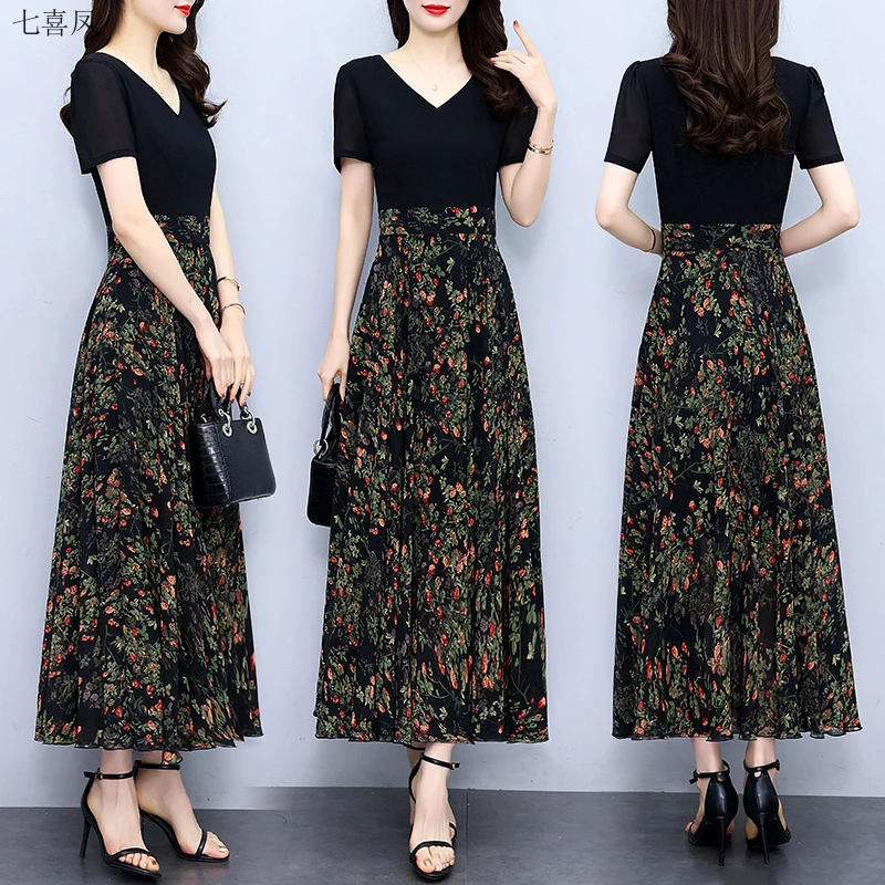 短袖雪纺连衣裙2025年夏季新款领印花气质显瘦大摆中长款沙滩裙