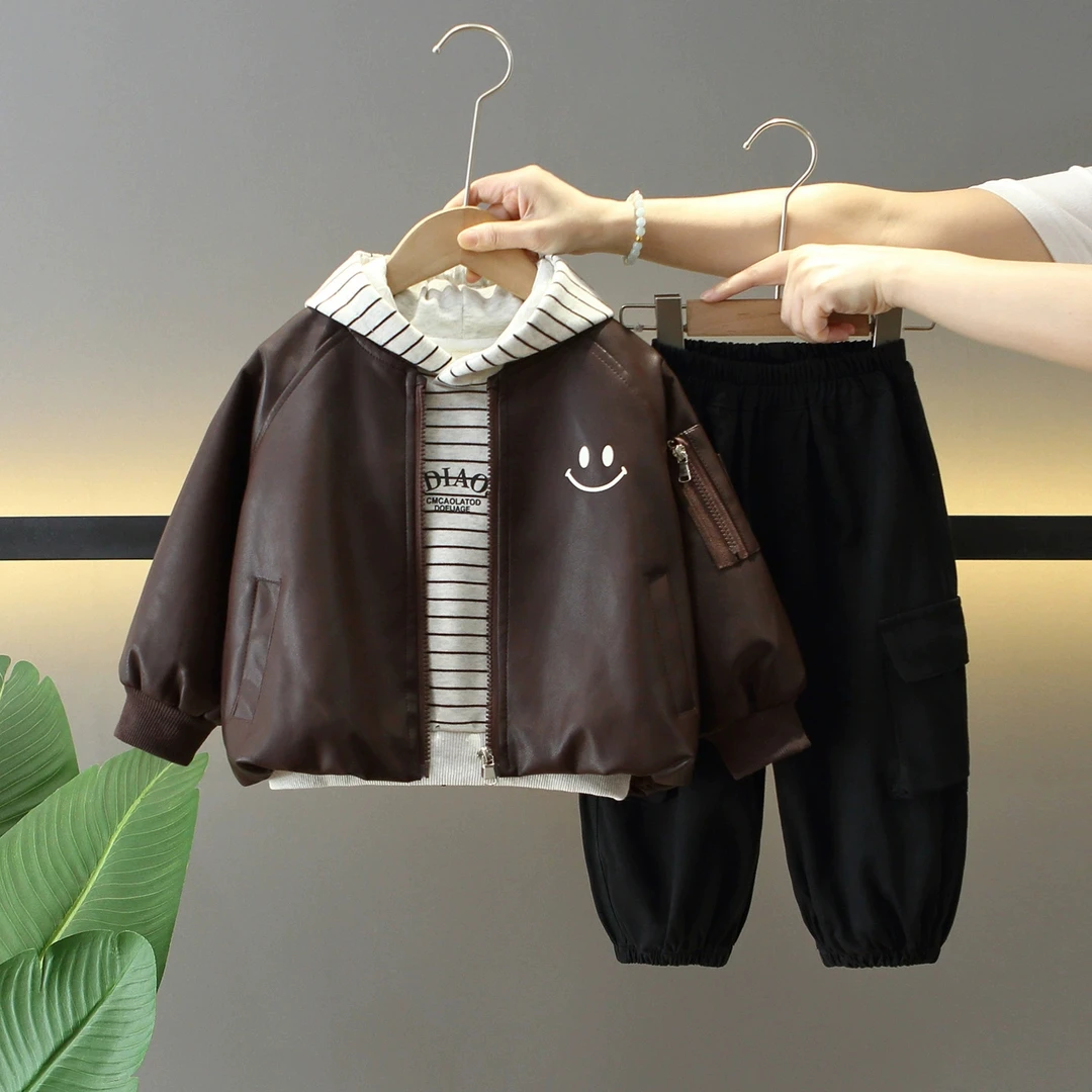 男童秋装套装2025新款痞帅儿童皮衣外套三件套宝宝春秋季韩版衣服