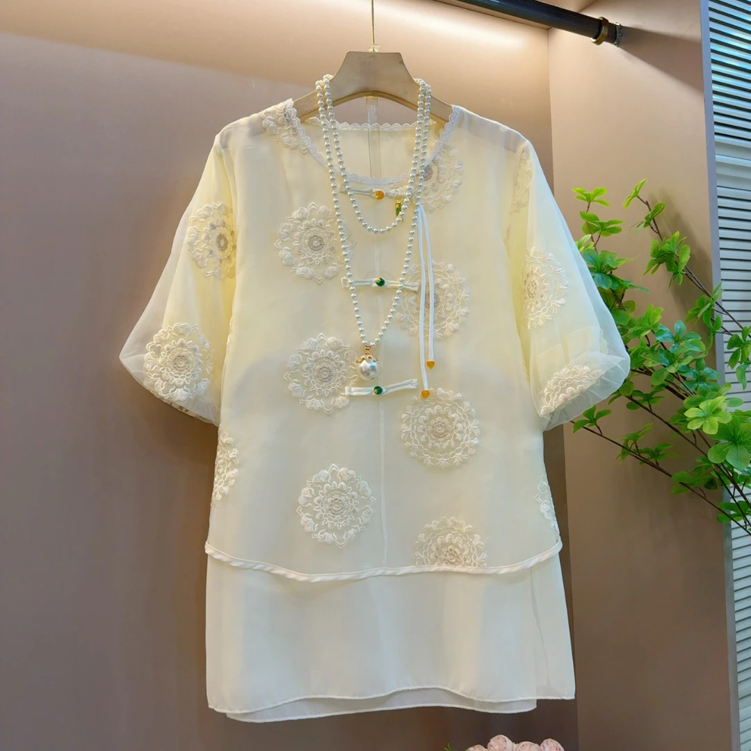 2025春季新款百搭时尚立体印花圆领国风设计感洋气上衣（长70左右）