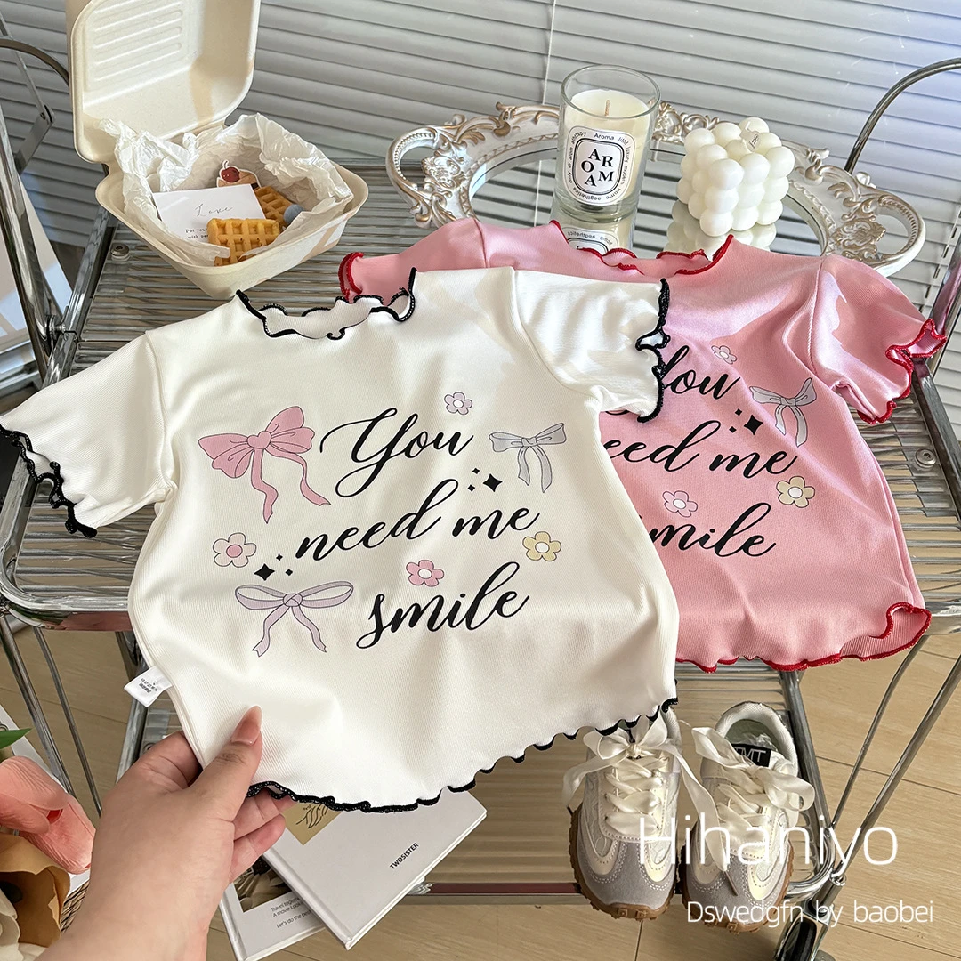 女童短袖t恤夏季新款百搭印花蜜芽边儿童上衣中小童冰丝凉感童装