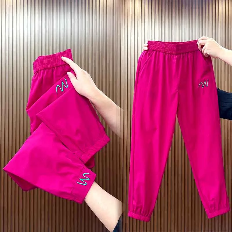 夏季薄款冰丝休闲裤女高腰显瘦百搭束脚裤小个子速干九分直筒裤