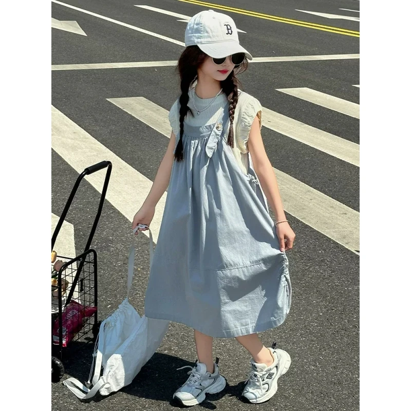 女童背带裙夏装套装裙子2025新款儿童休闲长裙夏季女孩洋气连衣裙