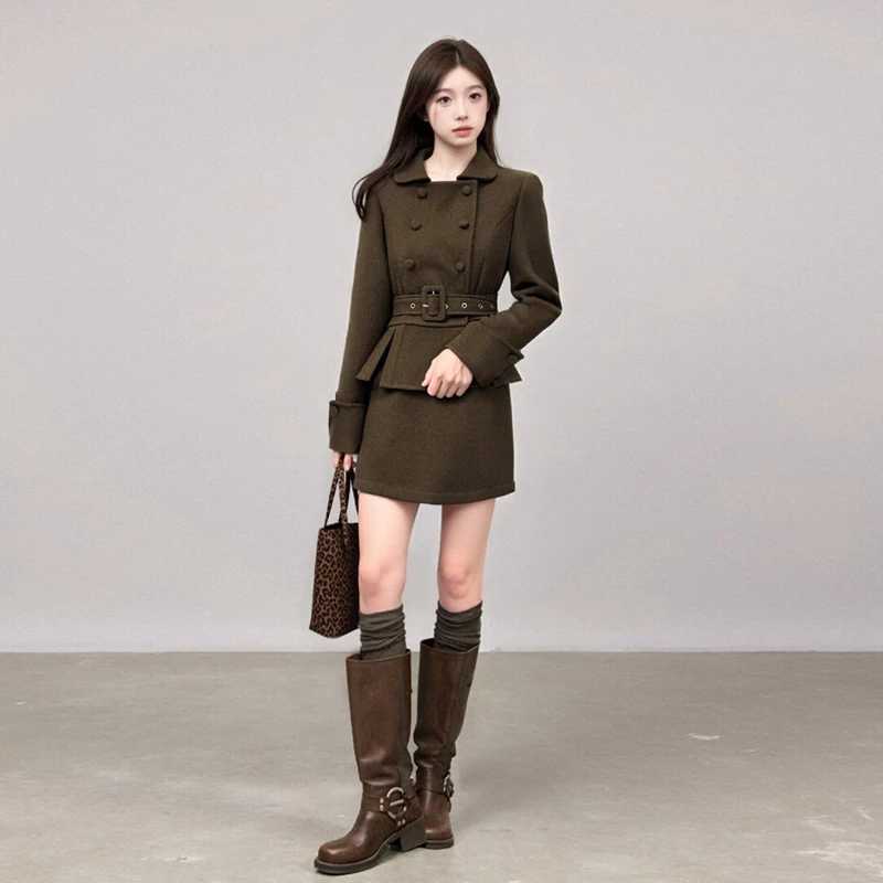 法式气质小香风秋冬毛呢双排扣西装领收腰百褶外套A字裙套装