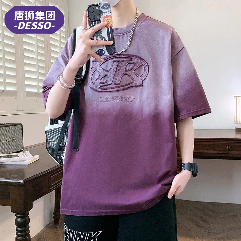 唐狮集团DESSO青少年港风短袖T恤男2025年夏季潮流宽松压花体恤衫