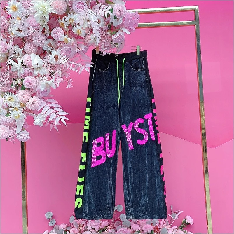 A2989欧美设计师2025秋季新款重工刺绣亮片字母潮酷直筒休闲裤女