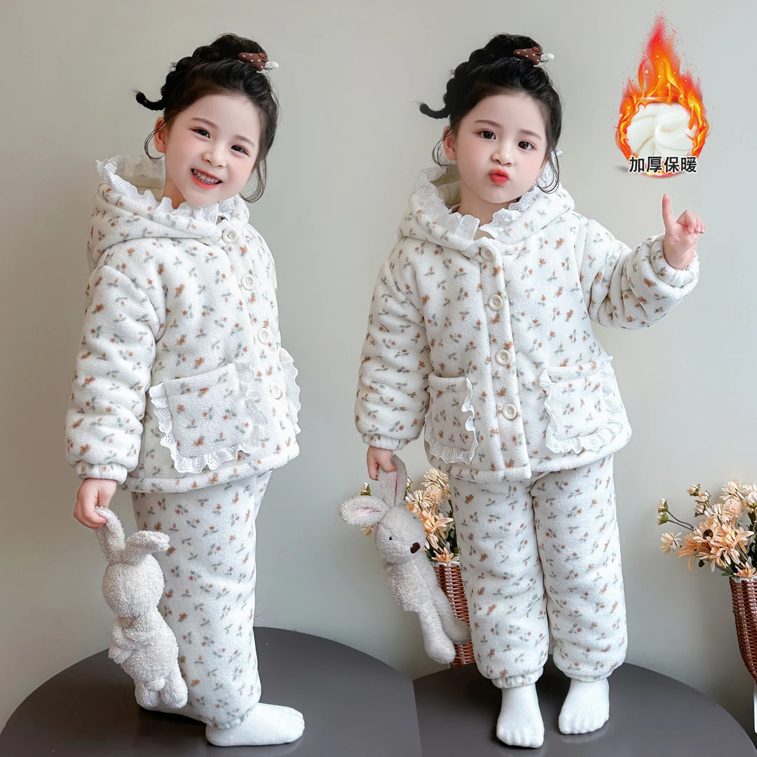 女童珊瑚绒棉衣睡衣冬季新款儿童三层加绒加厚保暖衣小女孩两件套