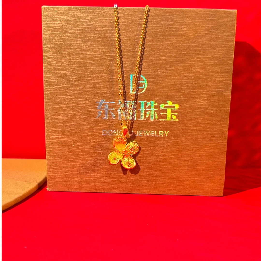 链子足银 四叶花项链时尚中古镶嵌镭射精美金太阳