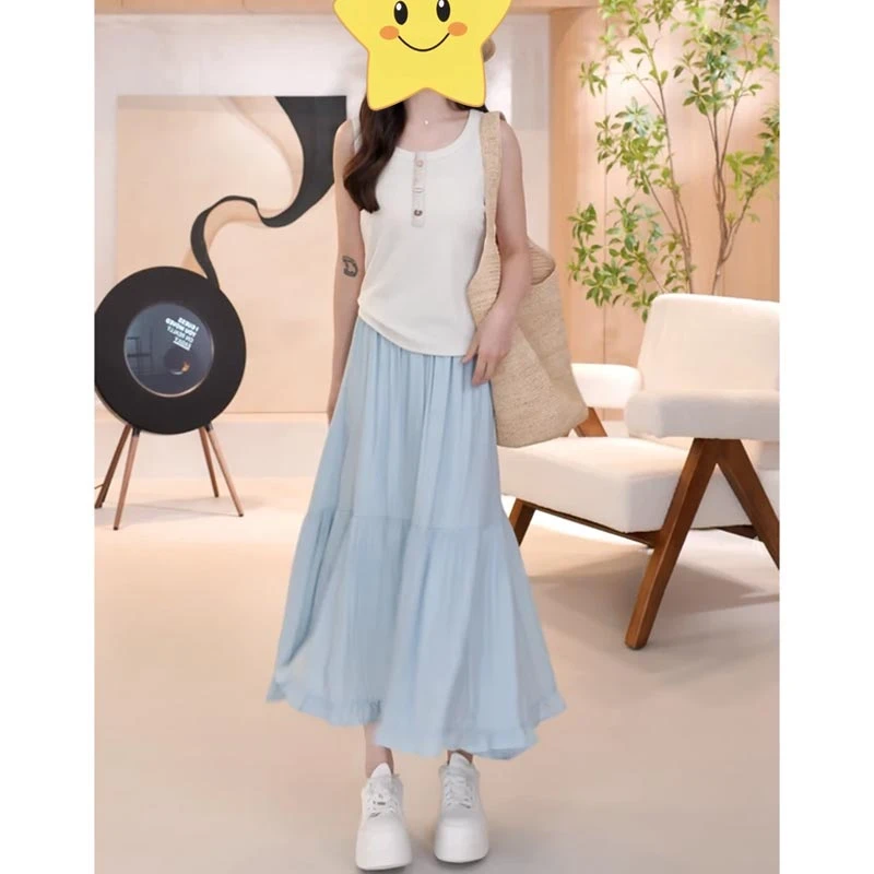 2025夏季新款ins风拼色套头针织短袖T恤高腰荷叶边半身裙套装