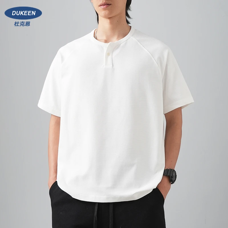 杜克恩美式复古重磅亨利衫男士短袖夏季上衣潮牌硬汉亨利领T恤
