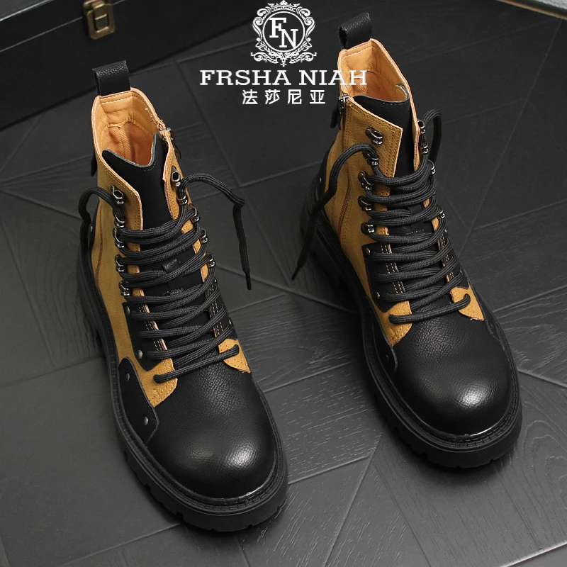 法莎尼亚冬季款马丁靴男高帮英伦风短靴复古机车潮男内增高工装鞋