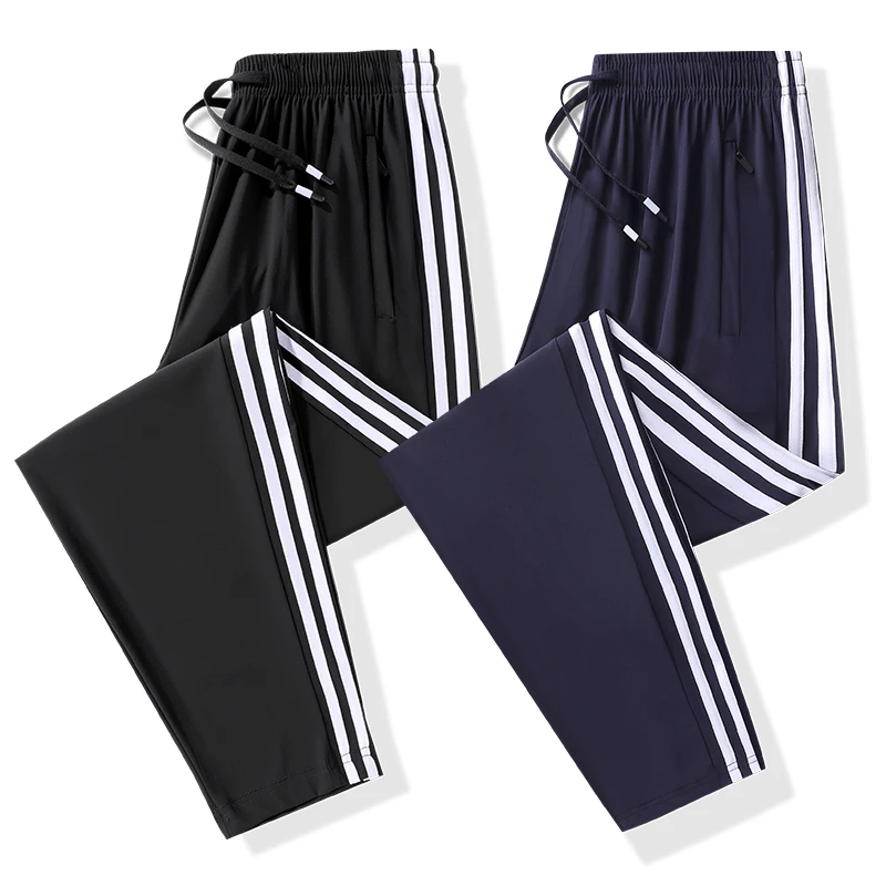 夏季男士三条杠裤九分裤裤子松紧裤男款束脚透气薄款加肥加大冰丝