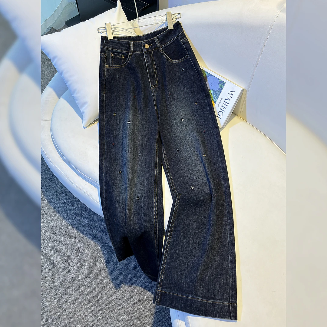 重工刺绣窄版阔腿牛仔裤女士2025秋季新款高腰宽松垂感直筒拖地裤