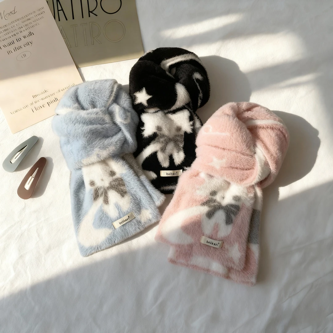 可爱猫咪针织围巾女秋冬季仿貂毛保暖复古百搭围脖防风防寒毛茸茸