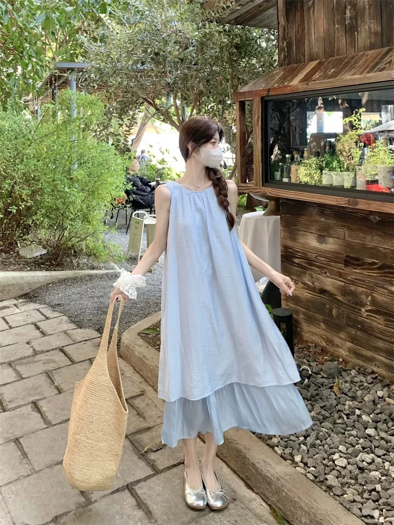 新疆包邮【1129】无袖褶皱连衣裙-裙长112