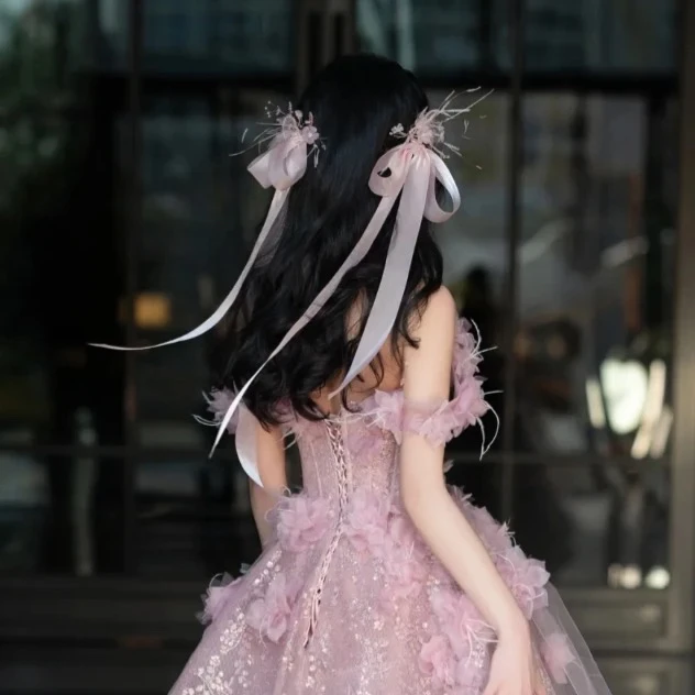 新款甜美仙气发夹粉色羽毛蝴蝶结侧边夹外景礼服婚纱发饰新娘头饰