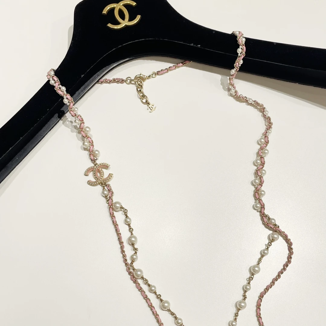 95新 Chanel/香奈儿 19s沙滩粉色皮穿链珍珠双层项链29114576