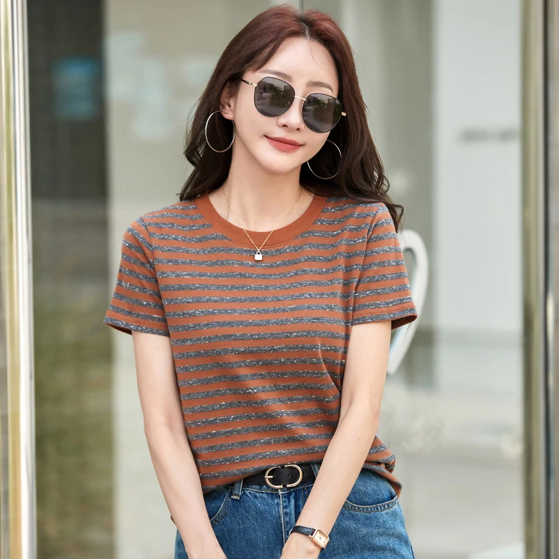 512爆款条纹短袖t恤夏季新款百搭上衣撞色圆领宽松大码T休闲宽松