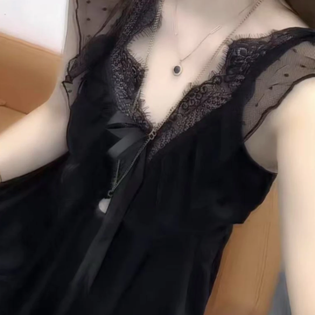 蕾丝V领蝴蝶结睡裙纯欲风夏季性感网纱仙气睡衣