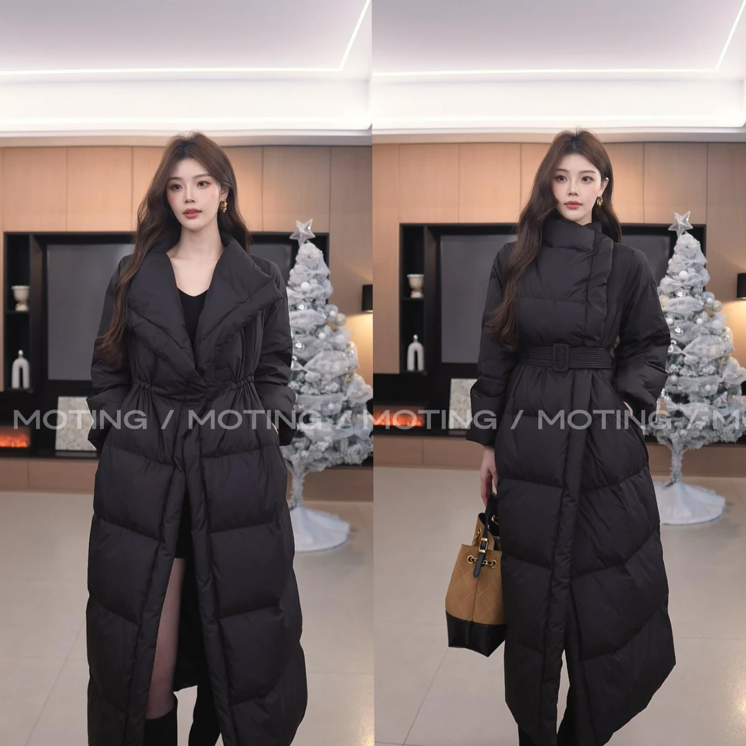 【梦婷Moting】新款韩版宽松大摆百搭潮白鸭绒保暖长款外套女8882