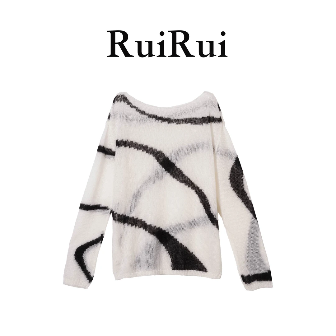 RUIRUI瑞裸感舒适慵懒随性撞色水墨超幼马海毛一字领毛衣SY1270R