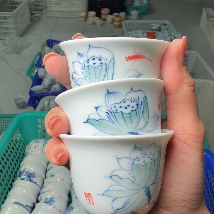 微瑕老物件影青系列茶杯三个