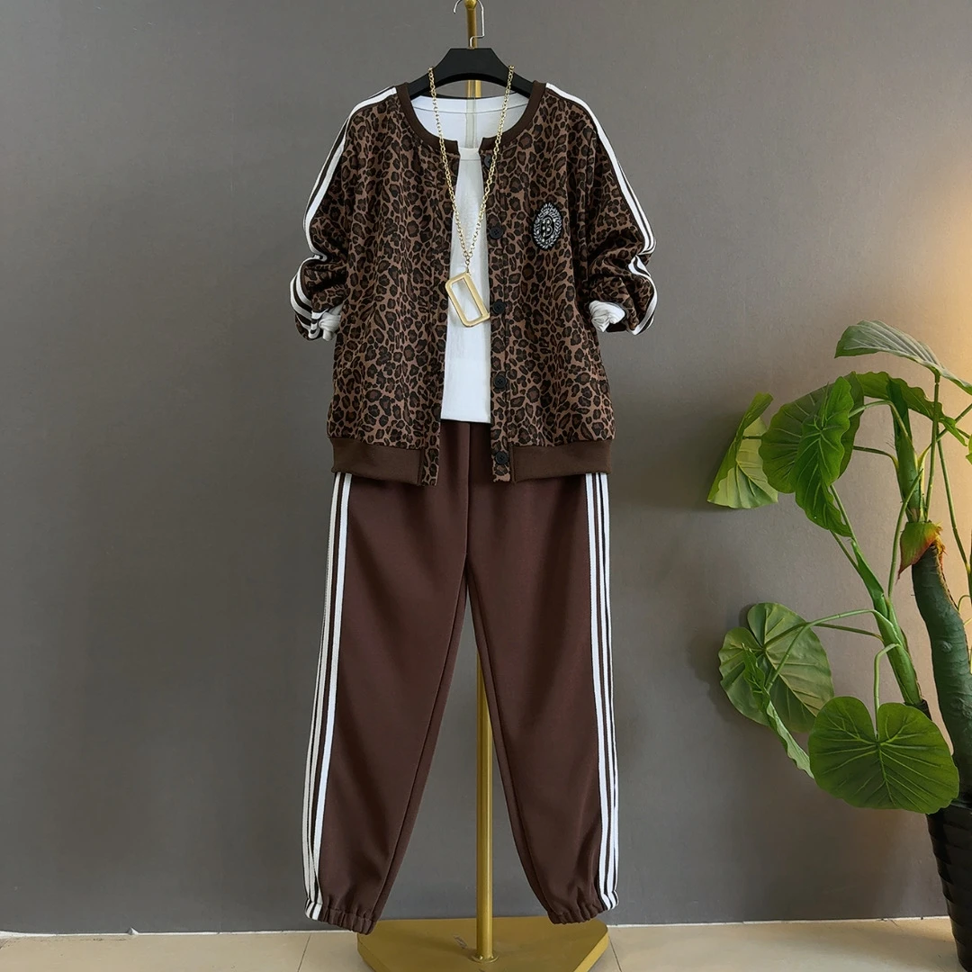 秋季新款时尚休闲风豹纹拼接条纹外衣条纹束脚裤净版白T大码套装