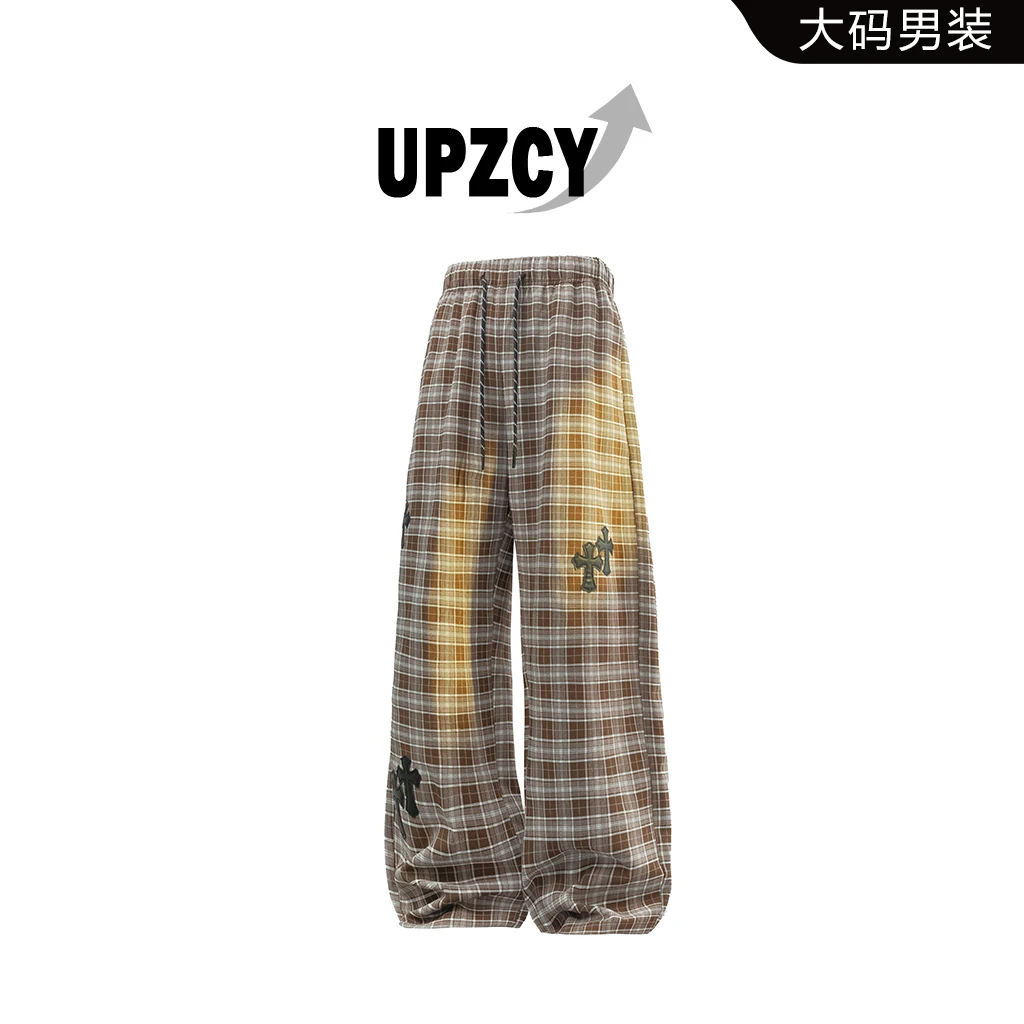 UPZCY春秋大码格子休闲裤男宽松百搭十字架直筒休闲裤高级感男装