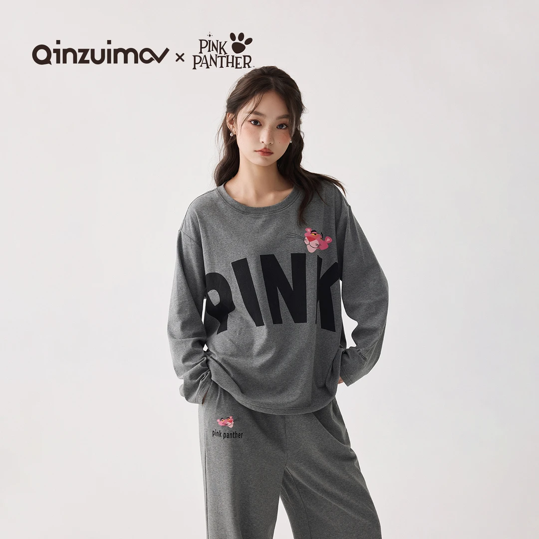 亲嘴猫【粉红豹联名】莫代尔棉可外穿长袖休闲秋睡衣家居服套装女