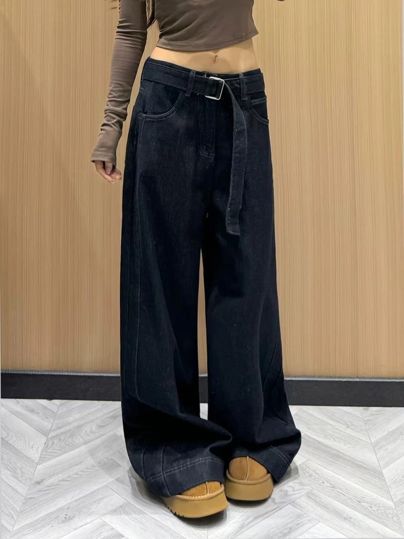 24303#晴晴裤业#2025新款美式高街复古水洗带腰带阔腿牛仔裤