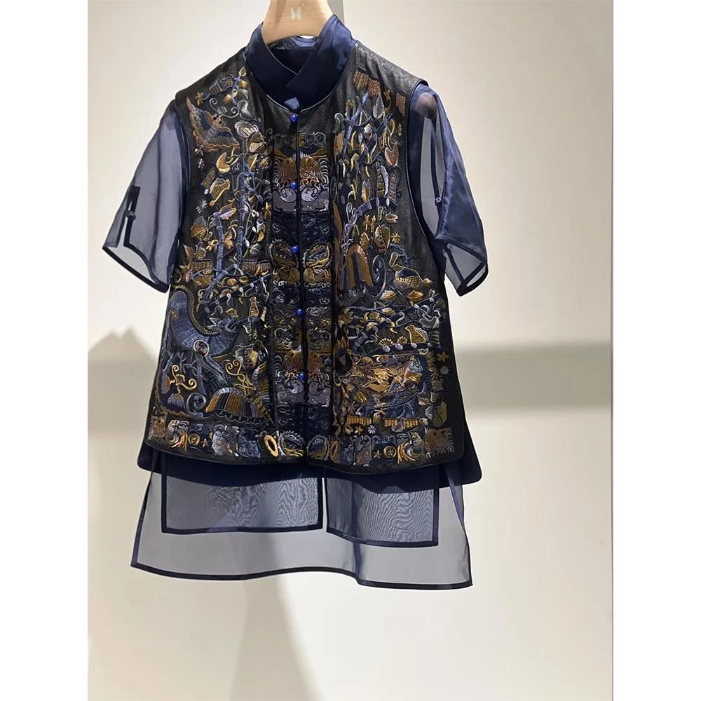 新中式国风年轻款盘扣改良唐装刺绣马甲衬衫两件套装2025新款夏季