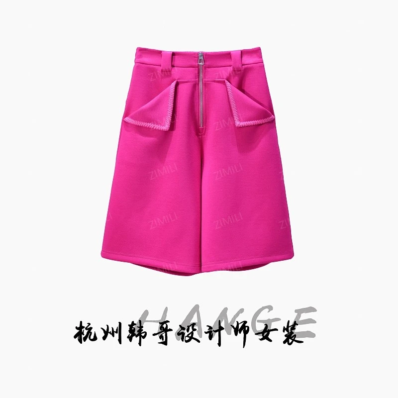【韩哥女装】欧版设计师款洋红色立裁拼接休闲高克重短裤7925-H5