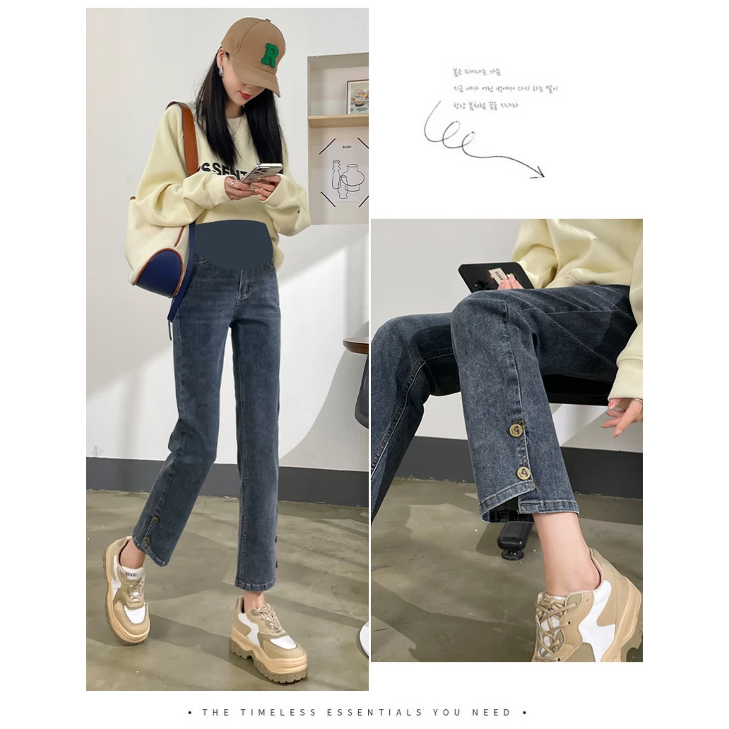 清仓捡漏孕妇直筒裤春秋款外穿休闲直筒打底裤九分裤开叉牛仔裤子